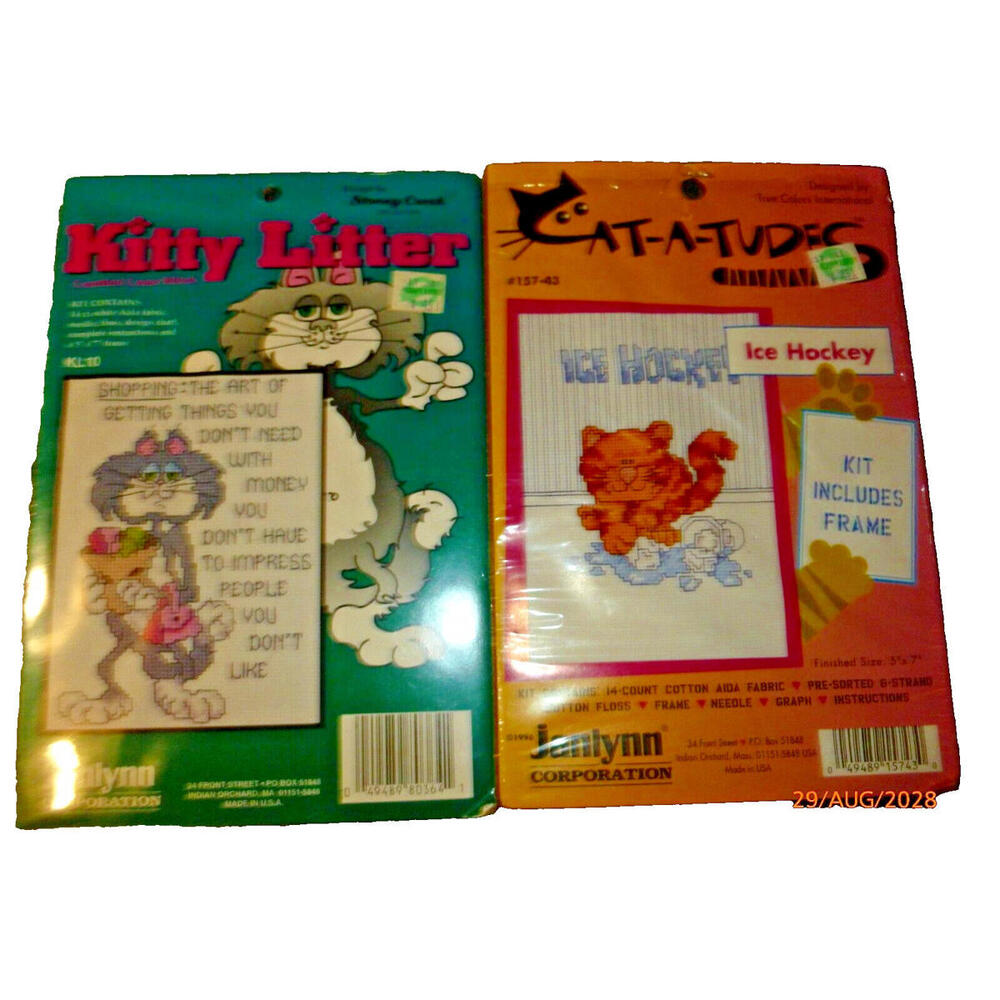 Cross Stitch Kit Lot Kitty Litter Ice Hockey Counted Embroidery 157-43 Excellent